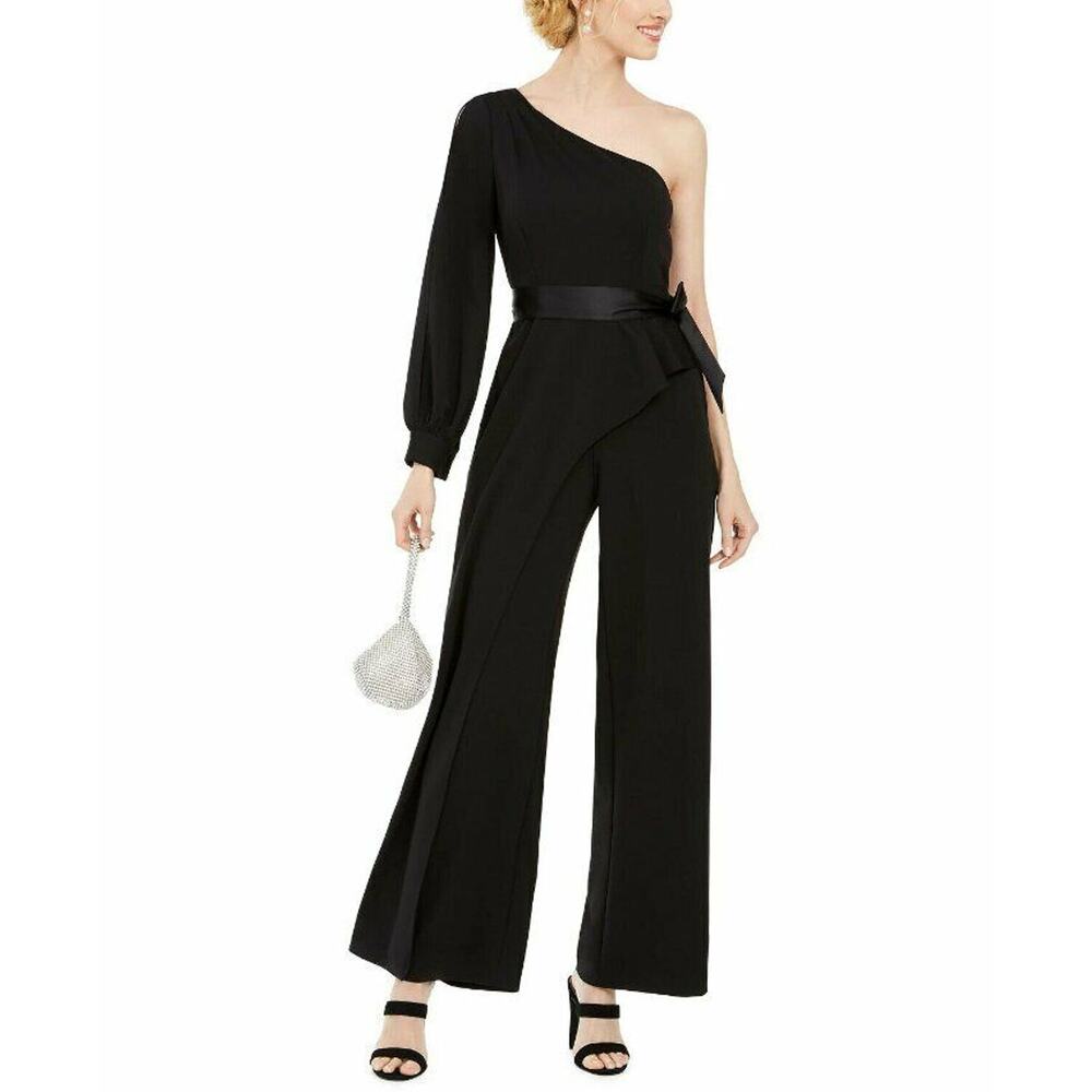 $200 Adrianna Papell Black One Sleeve Crepe Cold Shoulder Jumpsuit 8 NEW